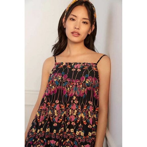 Anthropologie Quilted Floral Maxi Dress Black Size XS Flowy Bohemian Square Neck - Picture 2 of 12